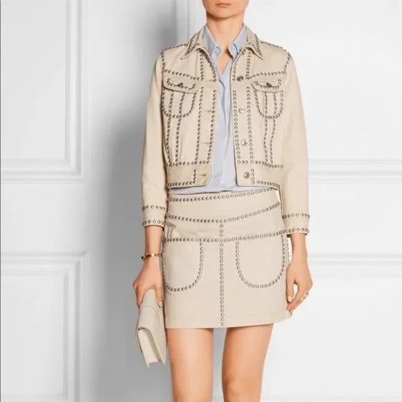 Coach Studded Mini Skirt Beige Light Denim Nude Size 4, New